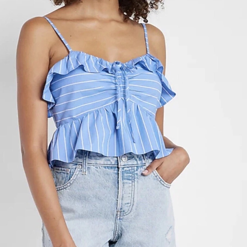 NEW! Express Cropped‎ Peplum Top XL Striped Blue White Ruffled msrp: $54 Cotton